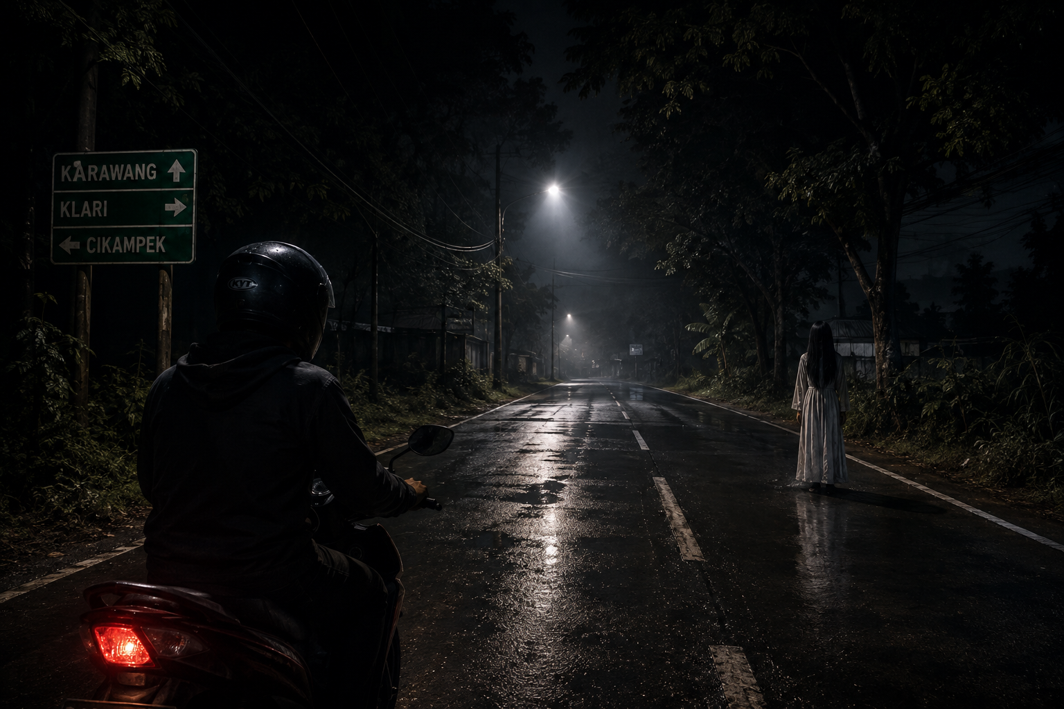 Pengendara motor di jalan sepi dalam cerita horor jalan di Karawang