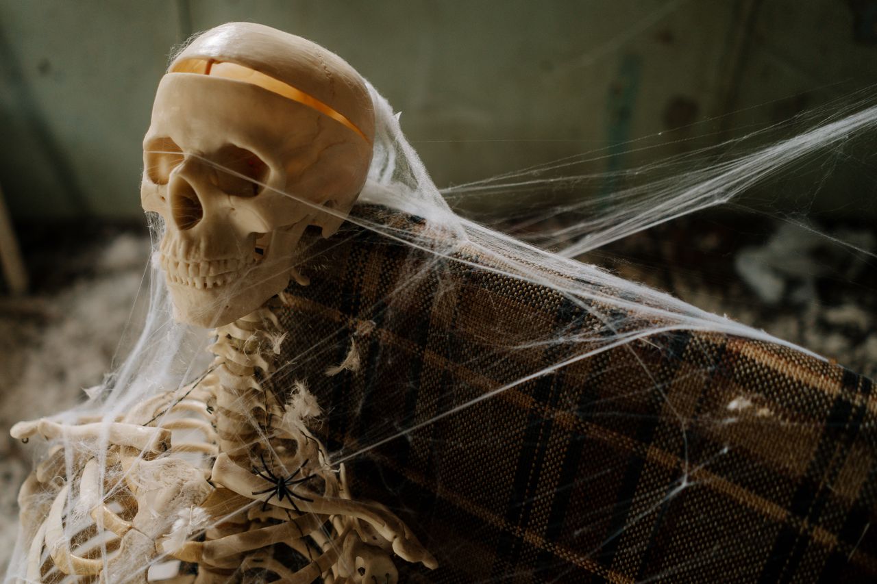 Eerie skeleton in cobwebs, perfect for Halloween-themed settings.